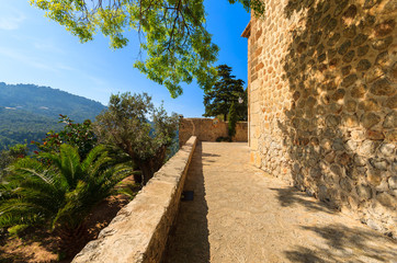 Terrace of church mountain landscape of Deia village, Majorca