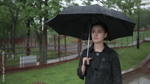 Lonely Sad Woman In Heavy Rain Under An Umbrella Slow Motion