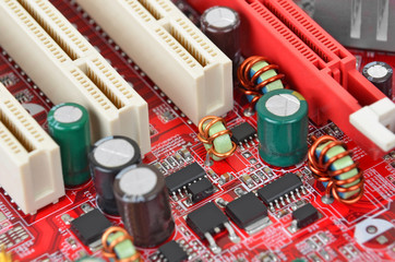 Printed computer motherboard with microcircuit, close up
