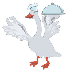 Funny goose with cooking pot on a white background