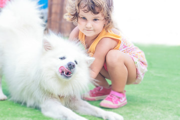 young child girl having fun with white dog on natural background