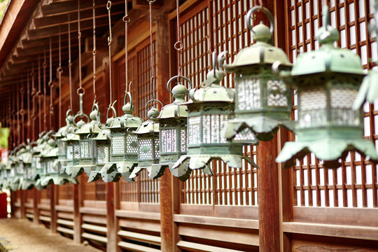 Closeup of bronze lanterns in Kasuga shrine, Nara