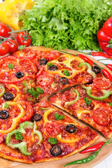 Pizza with tomatoes, peppers and olives