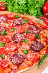Pizza with tomatoes, salami and cheese