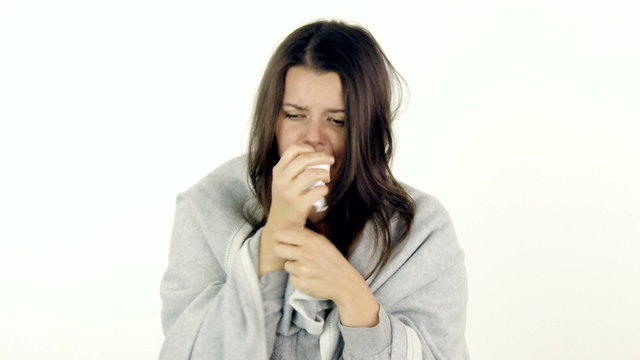 Sick woman coughing feeling ill