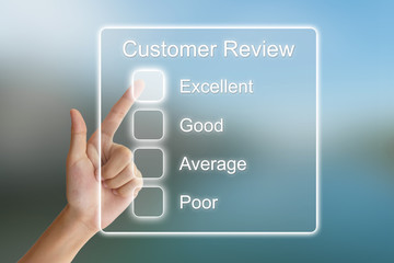 hand pushing customer review on virtual screen - 73965356