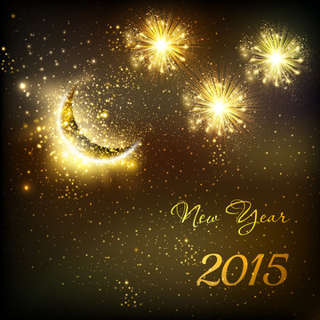 Happy New Year vector celebration background fireworks with moon