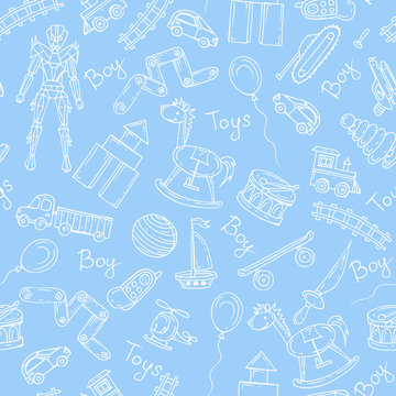 Vector pattern with hand drawn toys for boys in blue