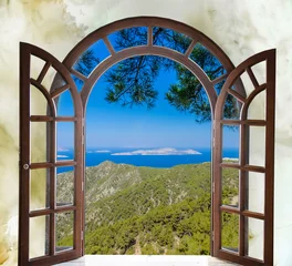  nature landscape with a view through a window with curtains © dbrus