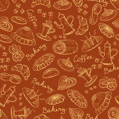 Vector pattern with cup of coffee and bread bakery products