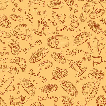 Vector pattern with coffee cup and bread bakery products