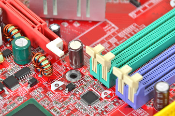 Printed computer motherboard with microcircuit, close up, DOF