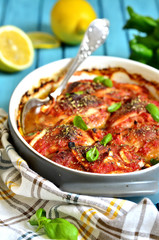 Chicken legs stewed in sweet and sour sauce.