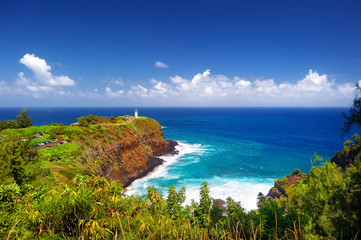 Kilauea lighthouse bay on a sunny day in Kauai