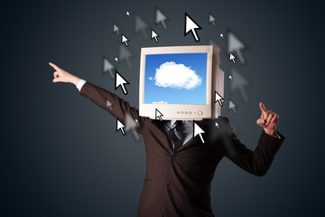 Business man with a monitor on his head, cloud system and pointe