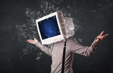 Computer monitor screen exploding on a young persons head