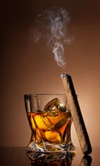 Fotobehang Glass of whiskey and cigar © Givaga