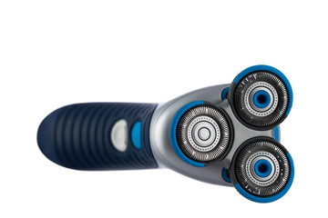 Electric shaver closeup on white background.