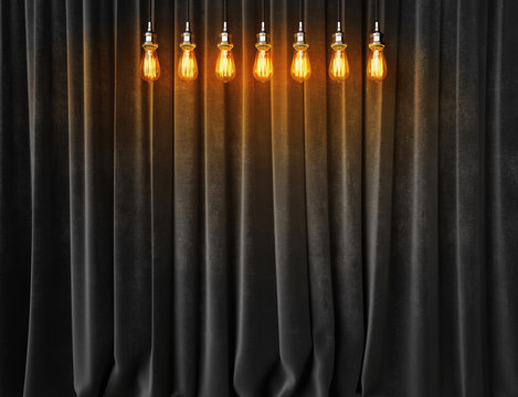 Vintage Lightbulbs On Velvet Curtains Background