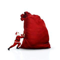 Santa pushing huge sack. Isolated on white. - obrazy, fototapety, plakaty