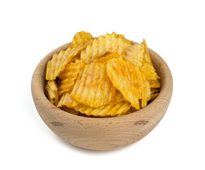 potato chips in a wooden bowl