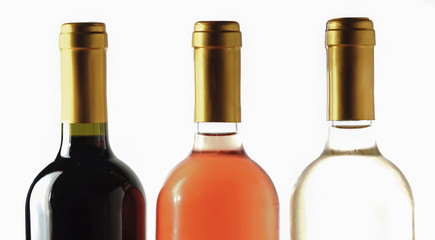 Set of white, rose, and red wine bottles