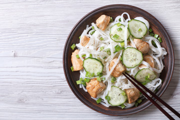 salad of rice noodles with chicken and cucumbers top view