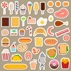 Icons of sweets, fast food, meat and fish