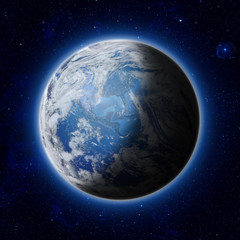 Blue Planet Earth, Global World with clouds, star in sky, space.