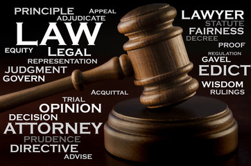 A wooden judge's gavel and words that describe law.