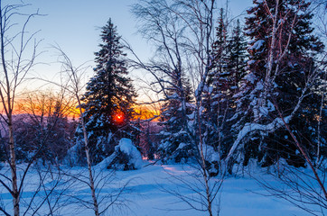 Winter evening in the Ural mountains. Russia