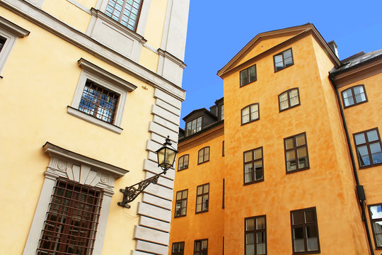Old buildings and lantern on the street of Stockholm, Sweden