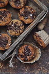 Chocolate muffins with buckwheat flour, selective focus