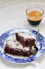 Chocolate coconut slices, selective focus