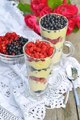 Creamy dessert with fresh berries, selective focus