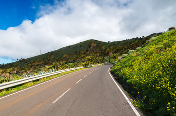 Scenic road in tropical mountain landscape of La Gomera island