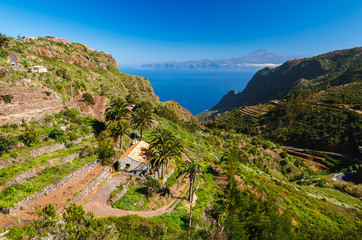 Mountain valley and ocean view on La Gomera island, Spain