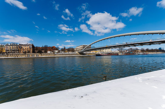 Bernatka bridge on Vistula river in winter, Krakow, Poland