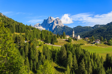 Church in alpine village of Pian, Dolomiti Mountains, Italy