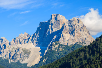 Fototapeta na wymiar Peaks of Dolomites Mountains near Pian village, Italy