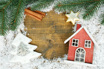 Fototapeta na wymiar Composition of Christmas decorations on wooden background