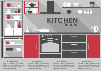 Kitchen Interior flat design with long shadows