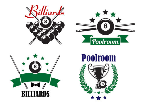 Billiards or Poolroom game badges or emblems