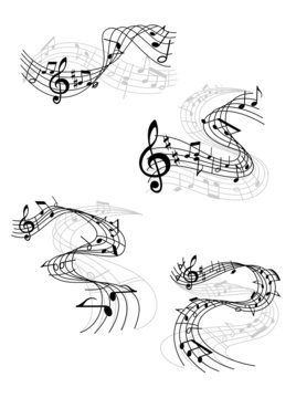 Music notes on swirling staves