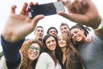 Multiethnic Group of Friends Taking Selfie at Park