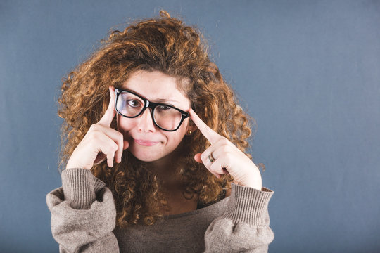 Nerd Woman on Gray Background
