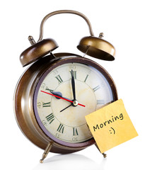 Alarm clock with sticker isolated on white