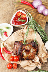 Delicious grilled meat on table