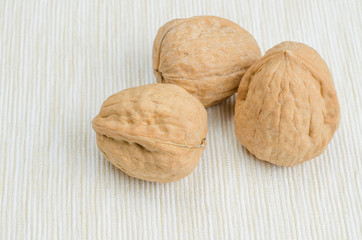 walnut on table cloth, close up