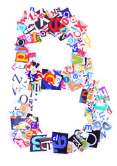 Letter B made of colorful newspaper letters isolated on white